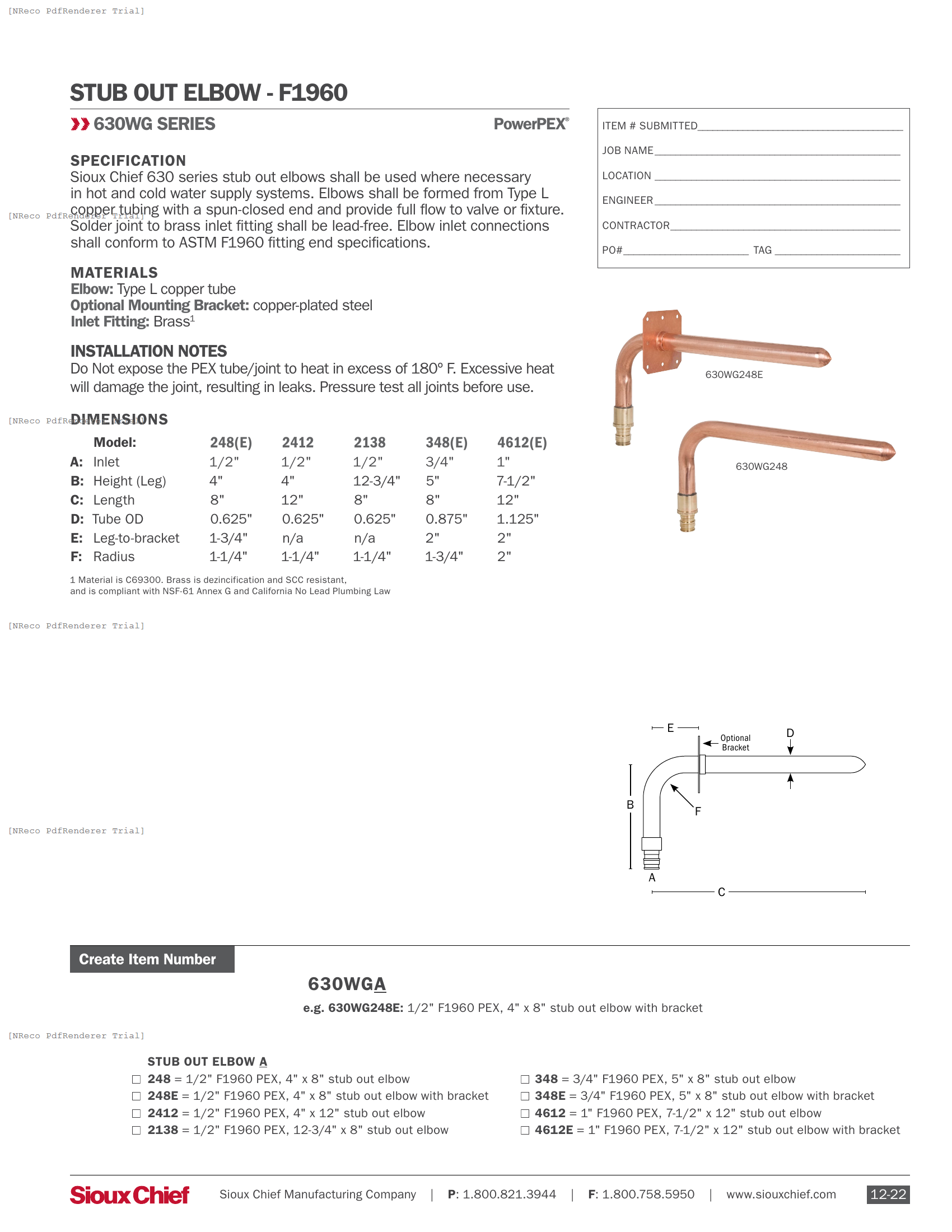 630WG SERIES - F1960 STUB OUT ELBOW - SPEC SHEET.PDF Specification Document